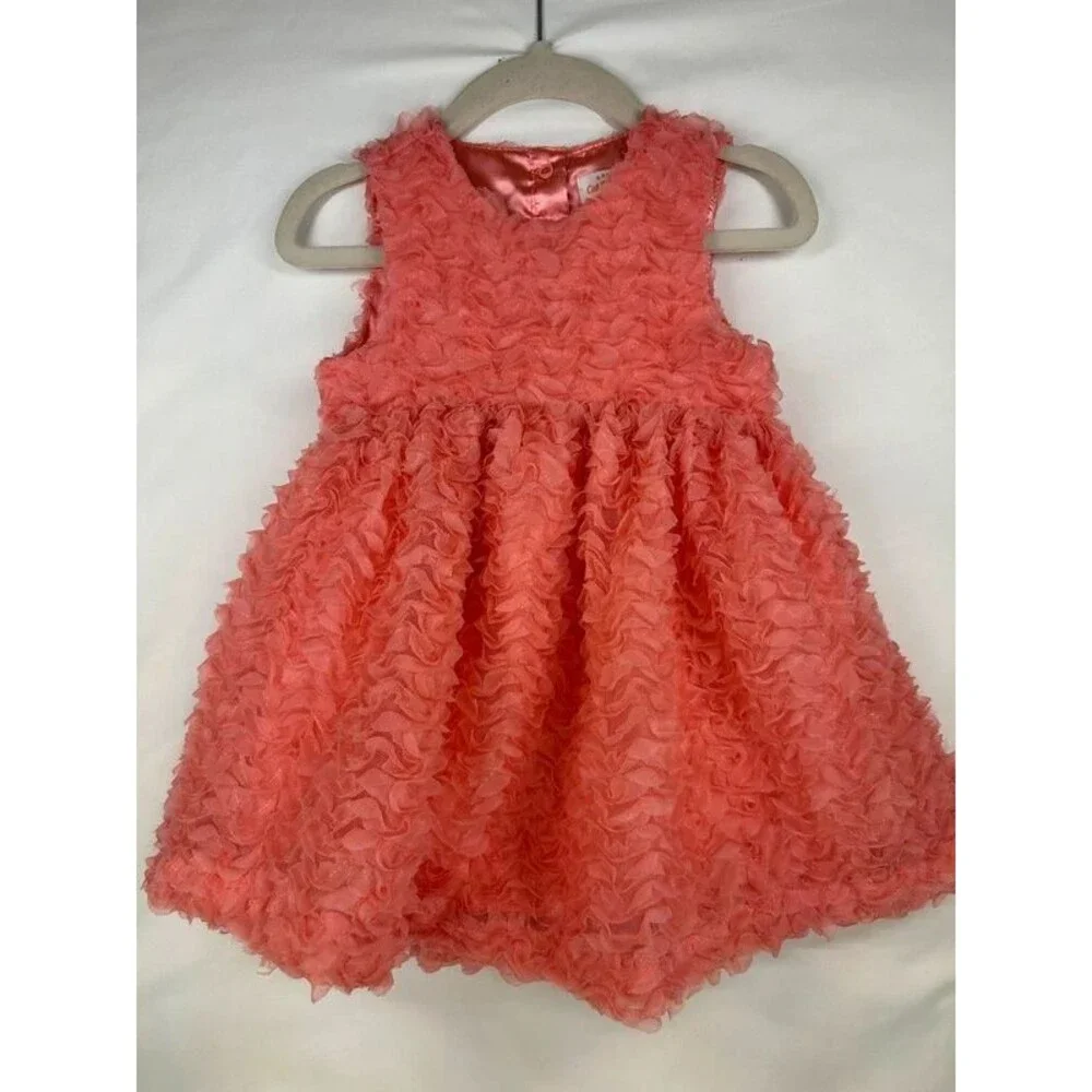 Cat & Jack 18M Girls Rosette Wavy Tulle Coral Pink Peach Party Cute Summer Dress